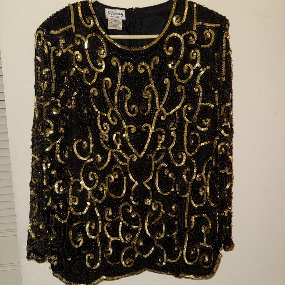 Vintage Stenay Women's Black Gold 100% Silk Sequins Beads Blouse Top 1X